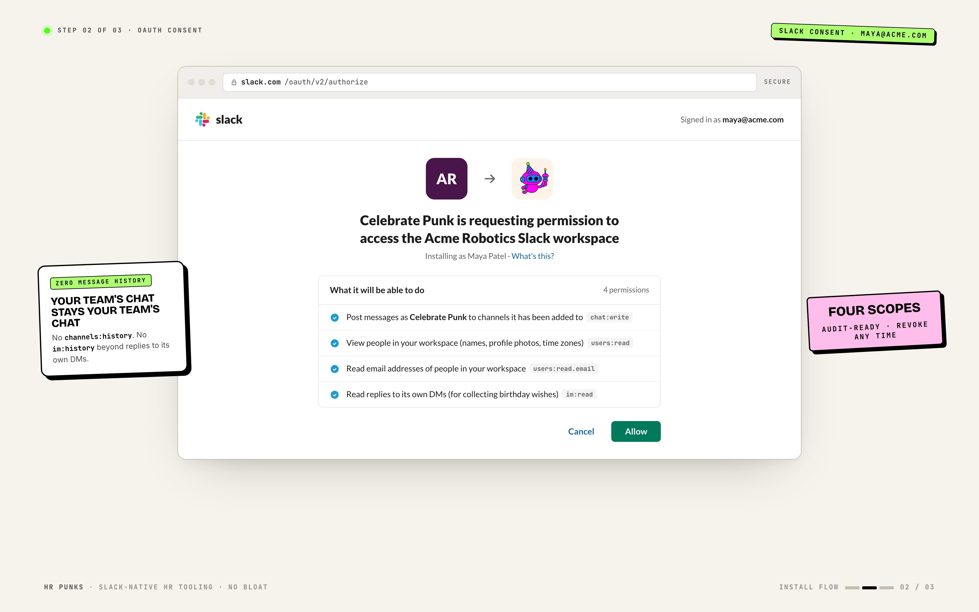Slack OAuth consent screen for Celebrate Punk requesting four scopes: post messages, read user profiles, read user emails, and read replies to its own DMs.