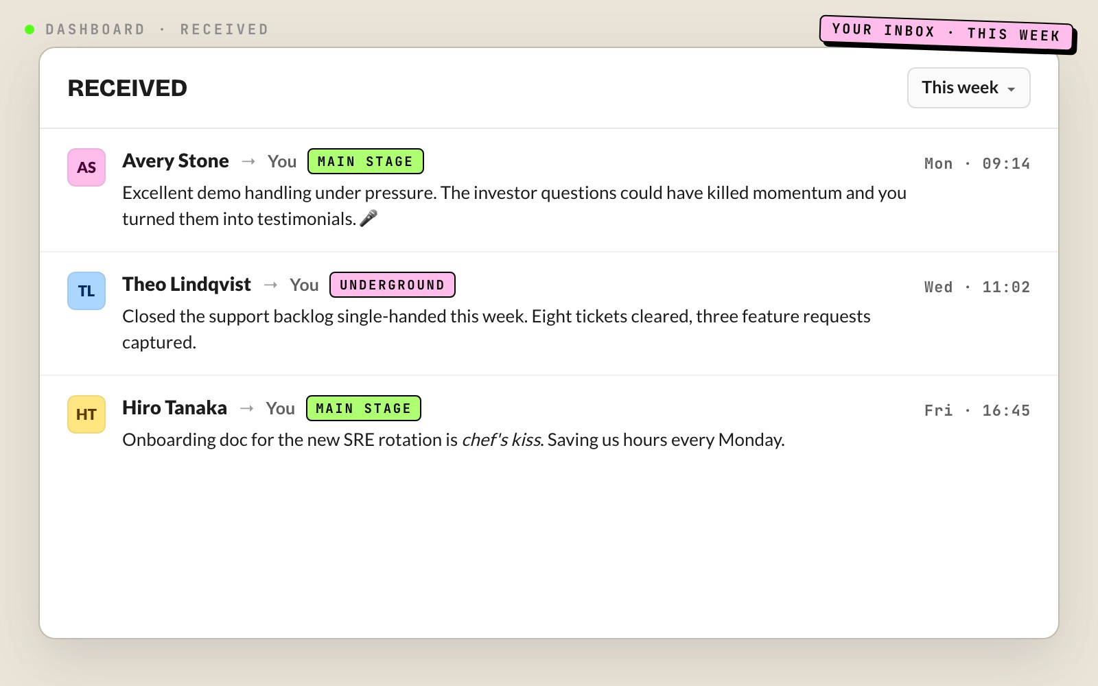 Kudos Punk web dashboard Received tab with three kudos from this week, each showing sender avatar, message text, and timestamp.