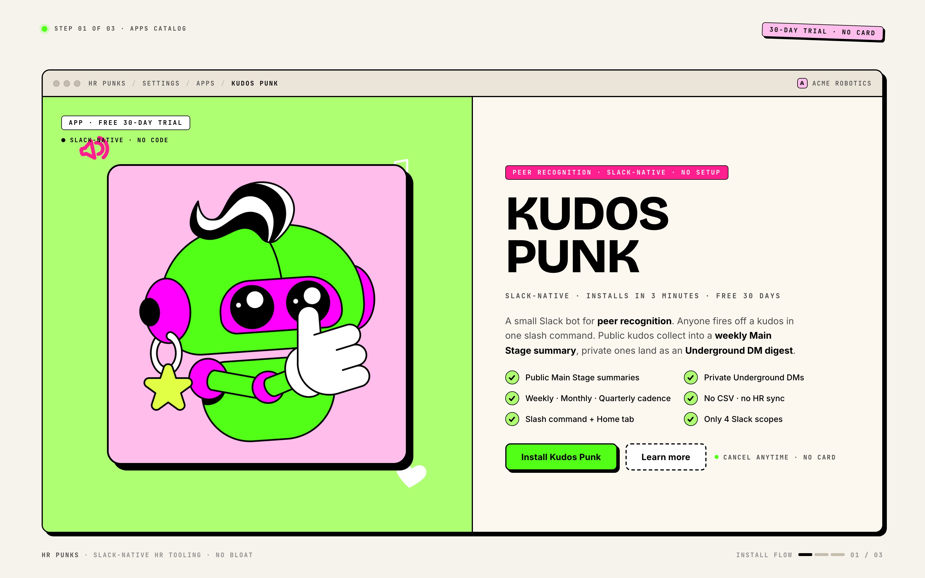 HR Punks Apps catalog with the Kudos Punk tile selected and its Install button highlighted.