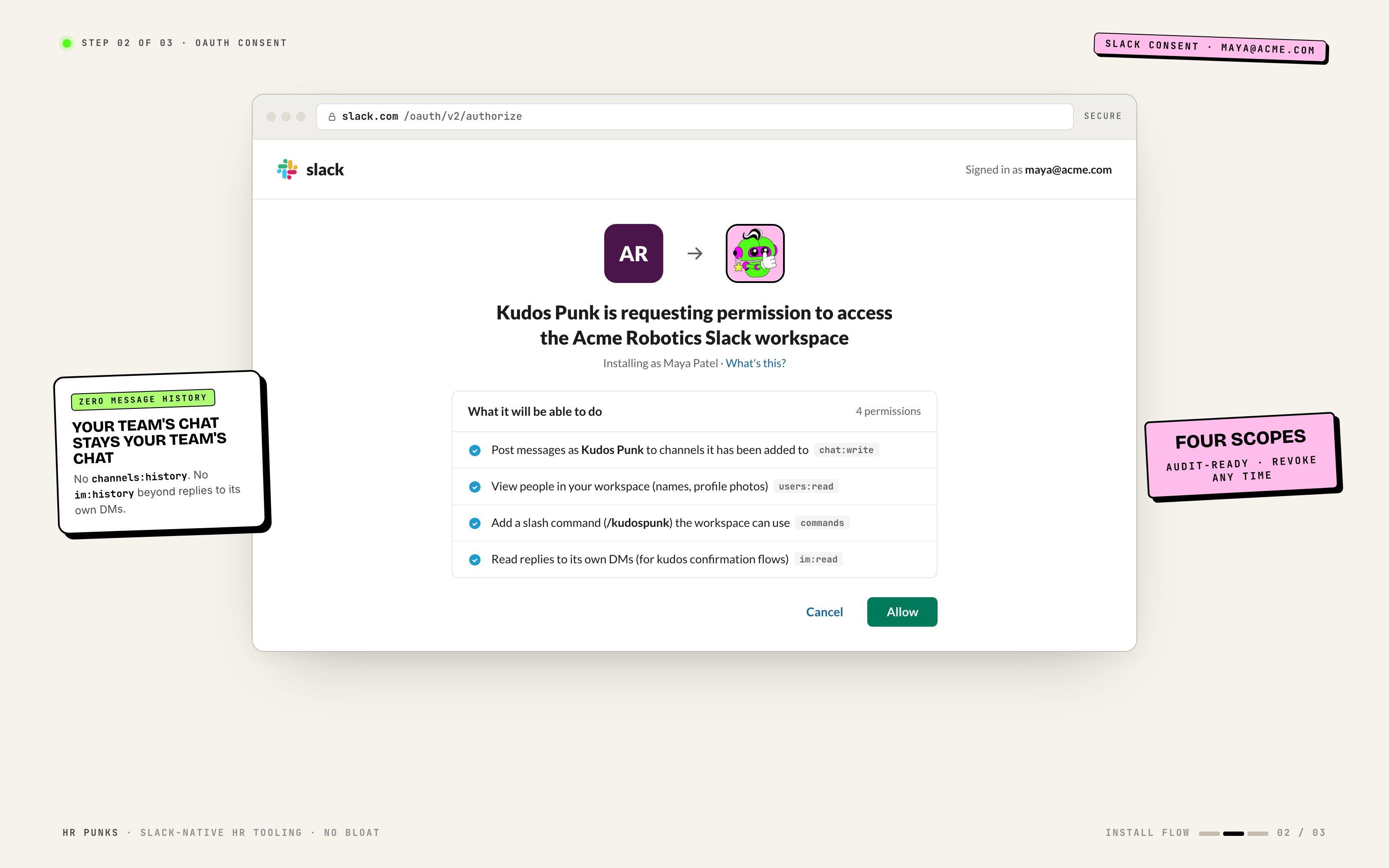 Slack OAuth consent screen for Kudos Punk listing the requested scopes.