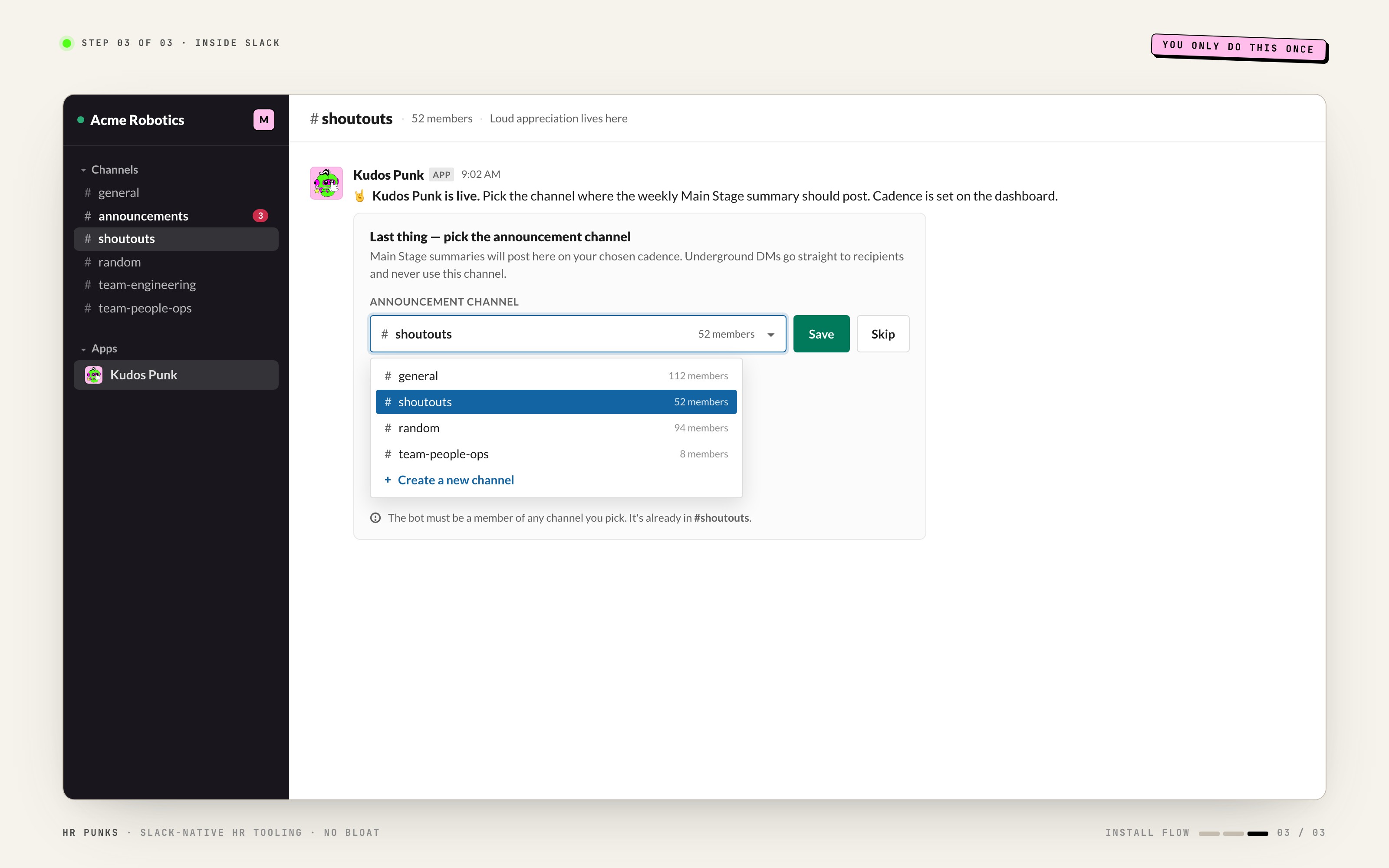 Kudos Punk first run inside Slack with the Select Channel modal open and #shoutouts selected.